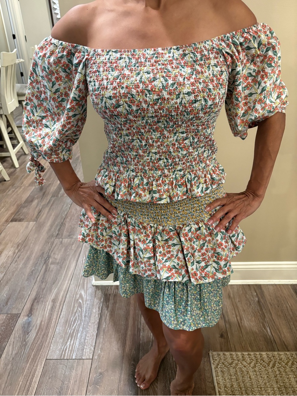 Easel Boho Smocked Off-Shoulder Floral ruffle Two-Piece Set in Coral & Sage